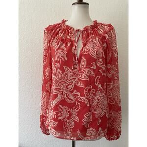 Evereve Top Women Blouse Pullover Floral Multicolor Tie Neck Shirt